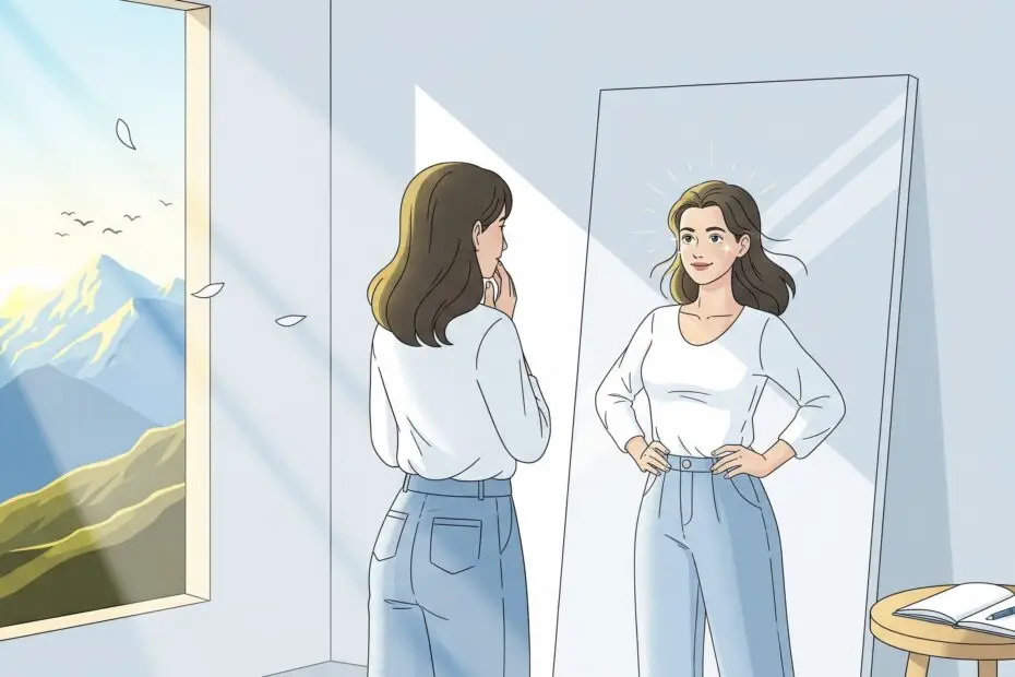 Ilustração realista de uma mulher em frente a um espelho, onde seu reflexo aparece mais confiante e radiante. O cenário é minimalista com luz suave, tons de azul claro, branco e dourado, e sugere transformação interior.