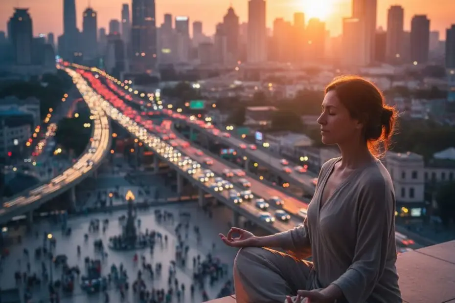 Uma mulher sentada em posição de lótus, meditando calmamente em um telhado alto ao pôr do sol. Seus olhos estão fechados e as mãos repousam em seus joelhos. Ao fundo, uma paisagem urbana vibrante com arranha-céus, ruas movimentadas com tráfego e muitas pessoas na praça abaixo, tudo iluminado pelos tons quentes do sol poente.