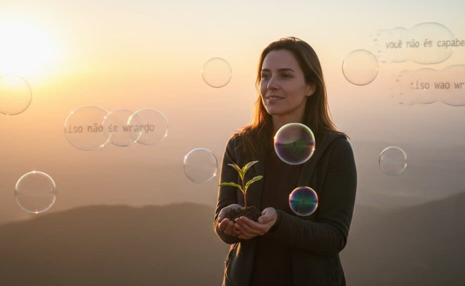 Illustration of a serene woman meditating on a cloud at sunset, symbolizing inner peace and personal growth despite a busy lifestyle.