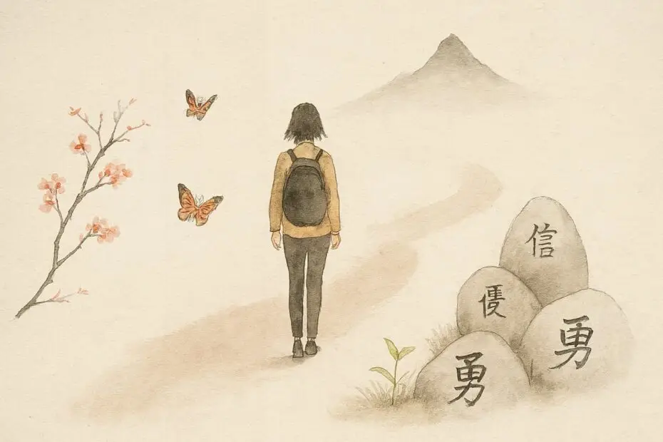 Illustration of a woman walking through a sunlit forest path, symbolizing personal growth and emotional transformation through a growth mindset.