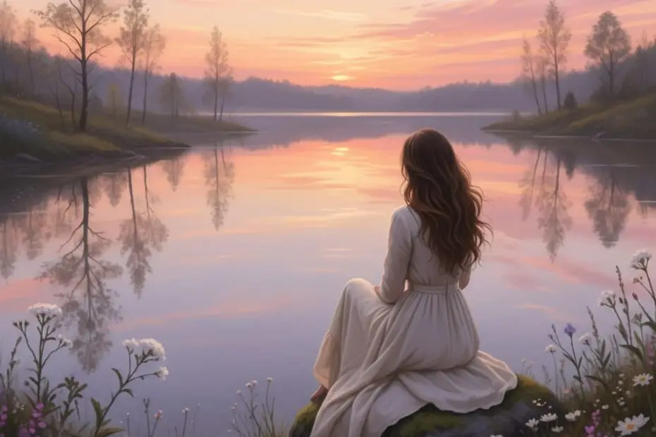 Imagem de uma mulher em silêncio e contemplação, sentada à beira de um lago durante o pôr do sol. A cena evoca serenidade e reconexão interior, ideal para abrir um artigo sobre vulnerabilidade e autoconhecimento.
