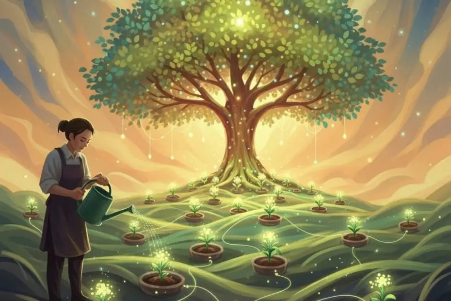 Ilustração de uma pessoa regando pequenas plantas brilhantes em um jardim, representando a transformação de hábitos em uma vida próspera.