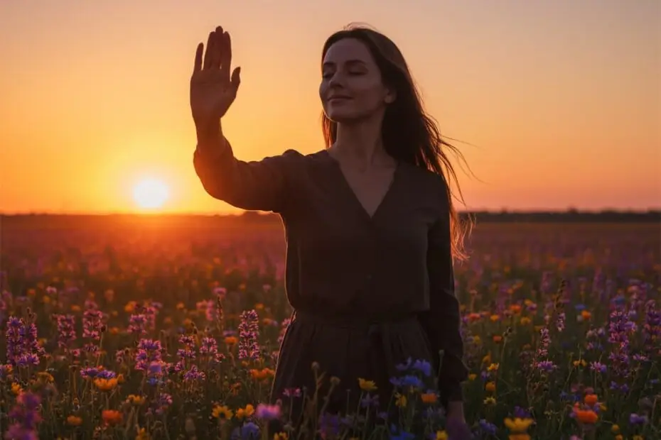 Serene woman at sunset, raising her hand in a gesture of boundary, surrounded by wildflowers — symbolizing self-care and emotional freedom.