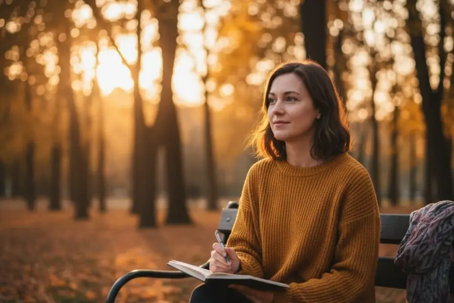Contemplative woman journaling in an autumn park at golden hour, capturing a peaceful and reflective moment.