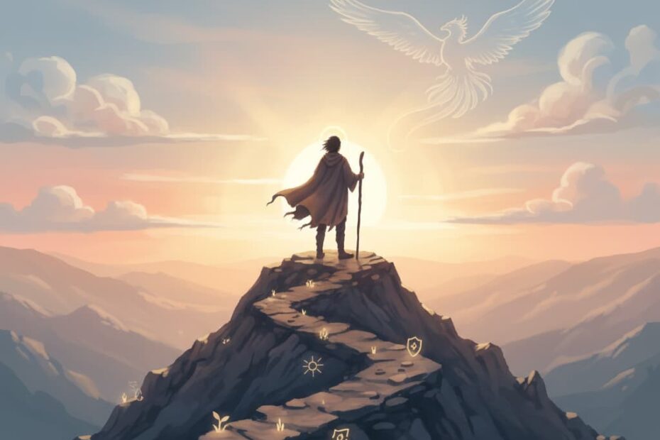 Silhouette of a hero standing on a mountain peak at sunrise, symbolizing personal transformation and the Hero’s Journey.