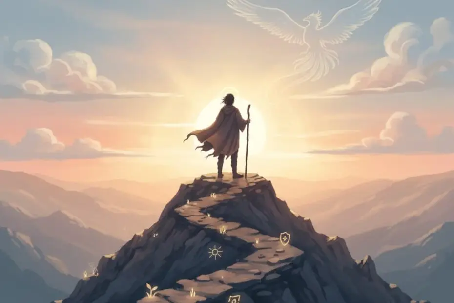 Silhouette of a hero standing on a mountain peak at sunrise, symbolizing personal transformation and the Hero’s Journey.