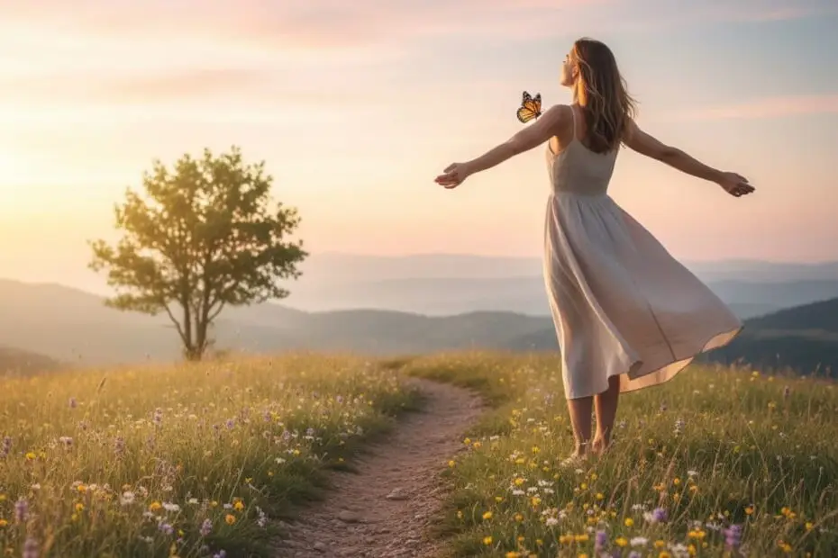 Woman standing on a hilltop at sunrise, arms open in a gesture of healing and new beginnings