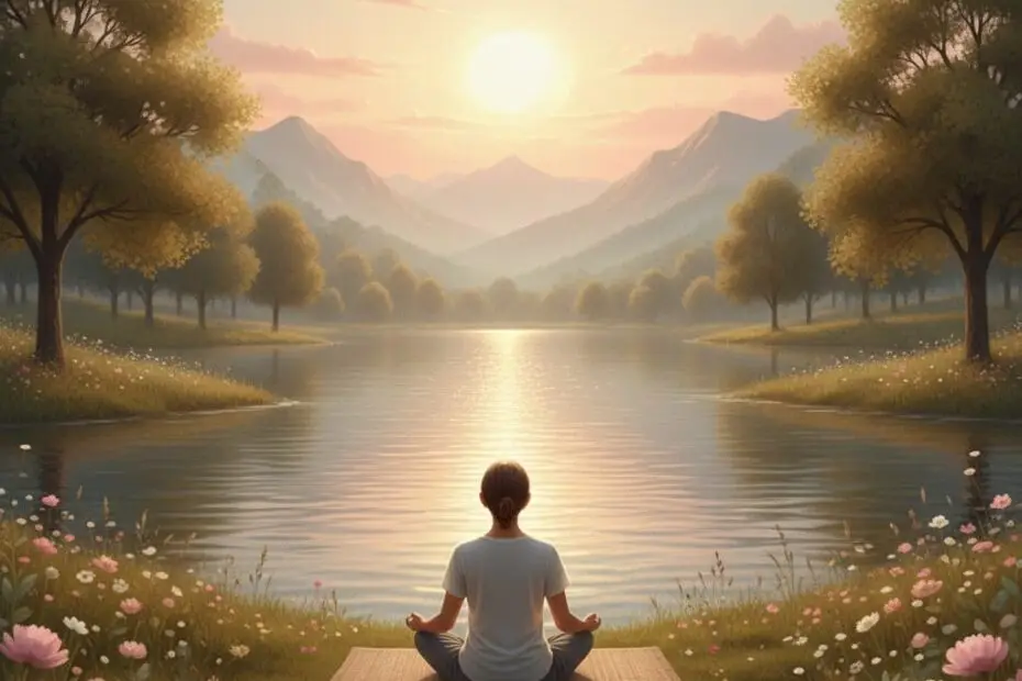 Person sitting by a calm lake at sunset, gazing at the horizon, symbolizing peace, introspection, and inner silence.