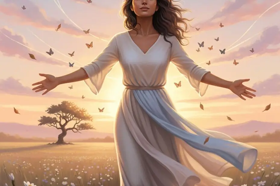 Mulher serena em campo dourado ao entardecer, com expressão acolhedora, simbolizando a força da vulnerabilidade.