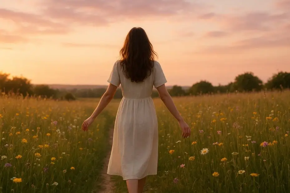Woman walking through a flower field at sunset, symbolizing transformation and emotional lightness