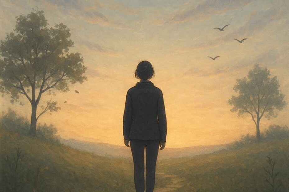 A solitary person gazing at the horizon at dawn, symbolizing new beginnings and inner transformation.