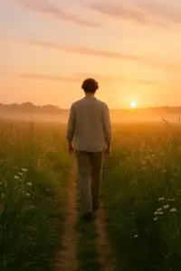 Person walking through a field at sunrise, representing renewal, emotional clarity, and a personal development journey.