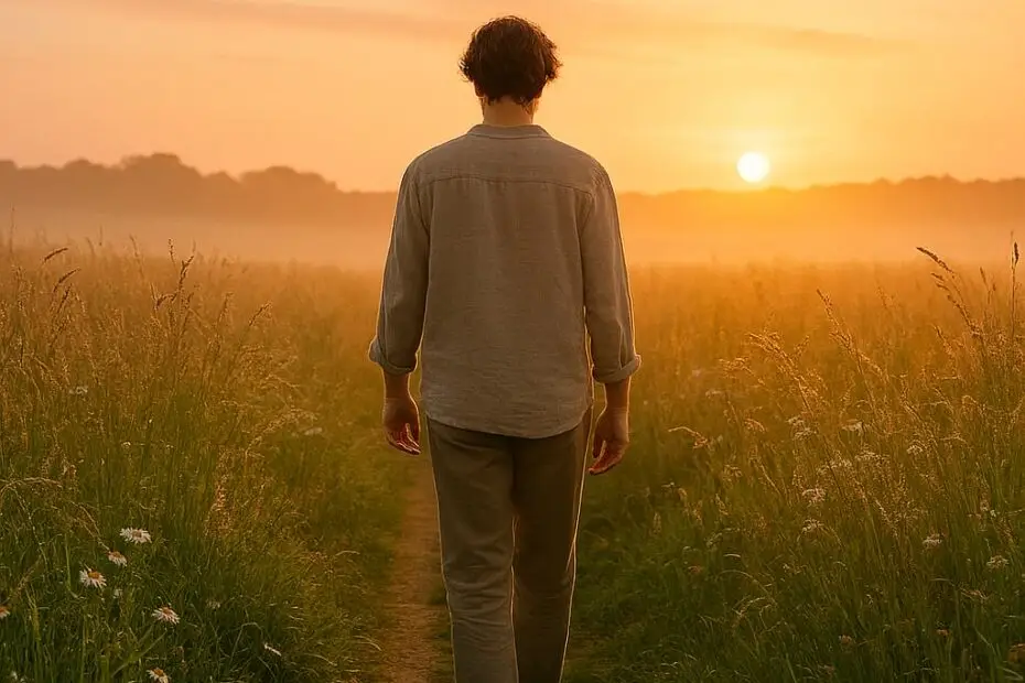 Person walking through a field at sunrise, representing renewal, emotional clarity, and a personal development journey.