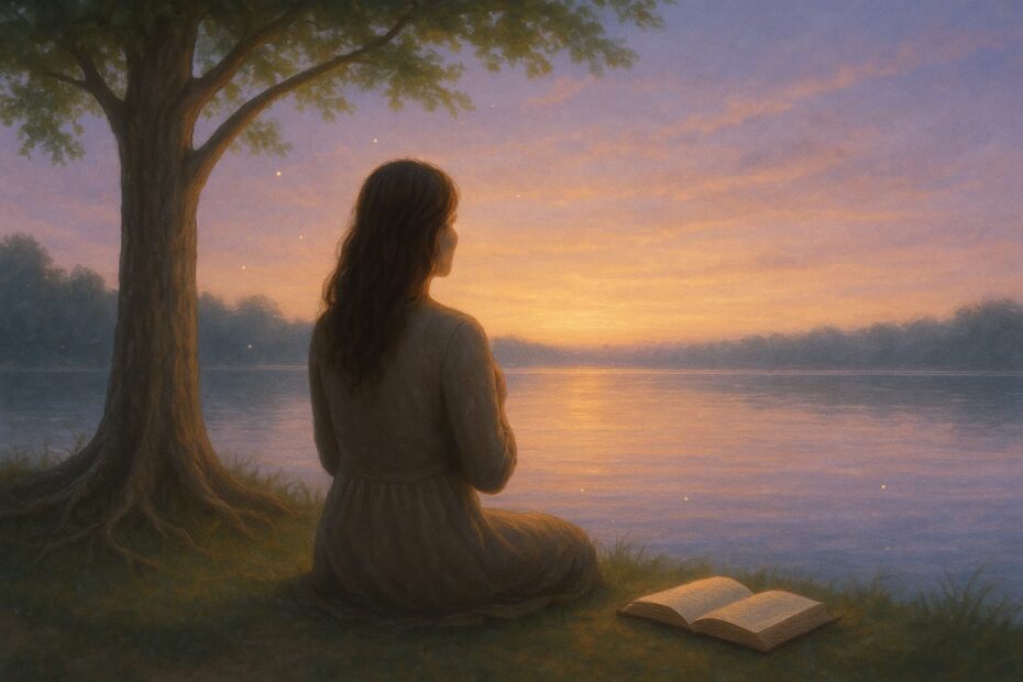 Woman meditating at sunset by a calm lake, symbolizing inner peace, spirituality, and emotional comfort.