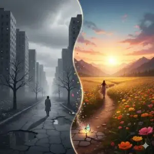 Split image. On the left, a person walks on a gray street among buildings, symbolizing survival. On the right, the same person, with open arms, is in a vibrant flower field under a sunset, symbolizing flourishing and truly living.