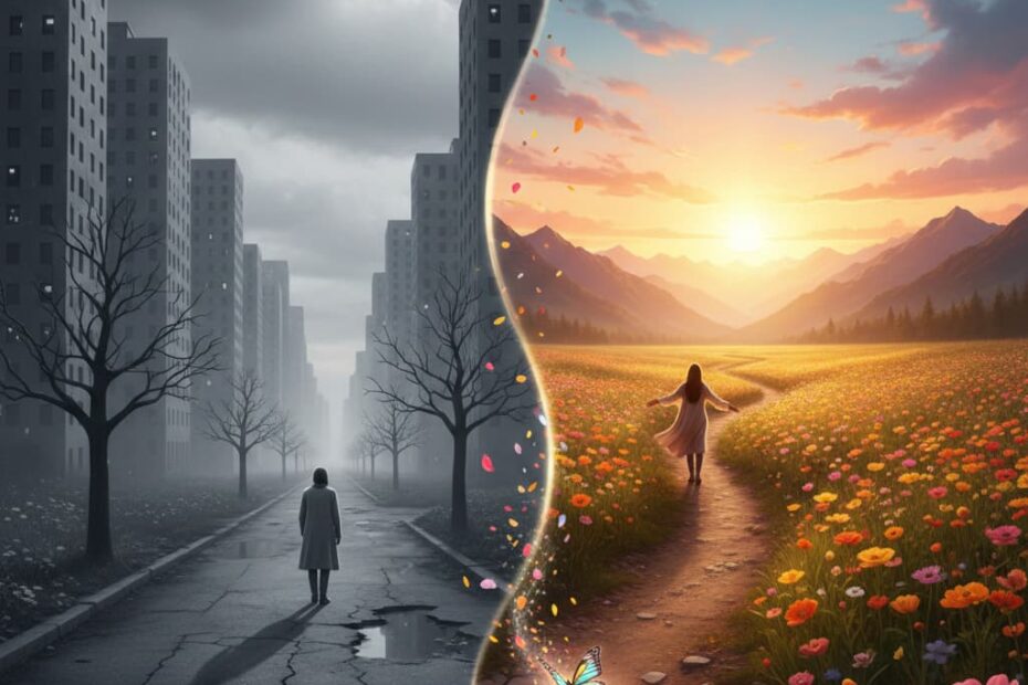 Split image. On the left, a person walks on a gray street among buildings, symbolizing survival. On the right, the same person, with open arms, is in a vibrant flower field under a sunset, symbolizing flourishing and truly living.