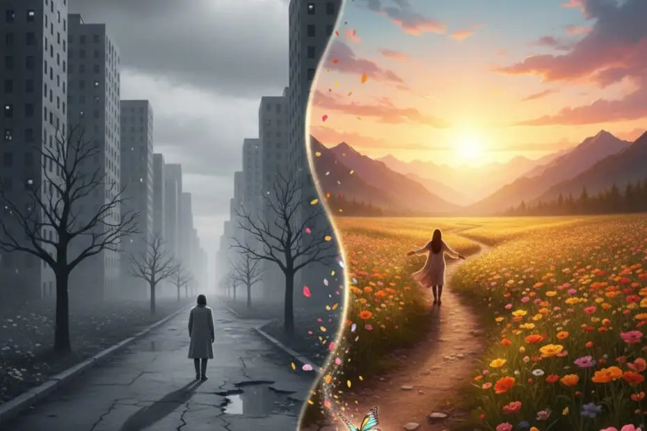Split image. On the left, a person walks on a gray street among buildings, symbolizing survival. On the right, the same person, with open arms, is in a vibrant flower field under a sunset, symbolizing flourishing and truly living.