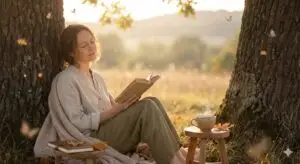Woman with a serene expression reading an open book, sitting on the grass under soft golden sunlight, conveying peace and introspection.