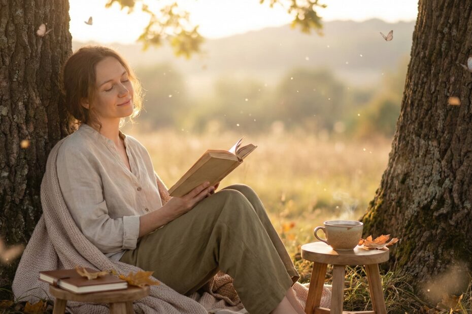 Woman with a serene expression reading an open book, sitting on the grass under soft golden sunlight, conveying peace and introspection.
