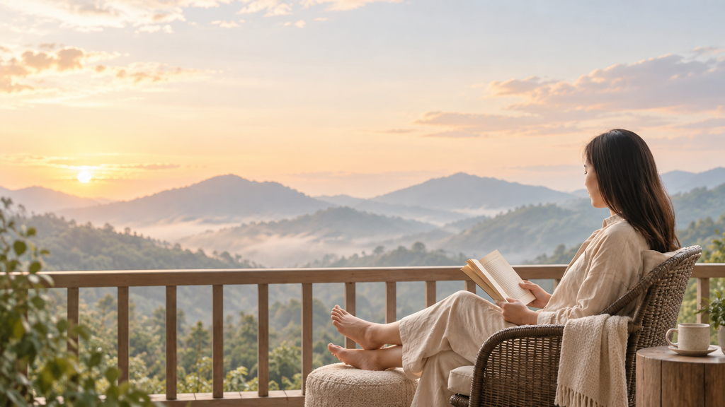 Woman reading on a balcony overlooking misty mountains at sunrise.